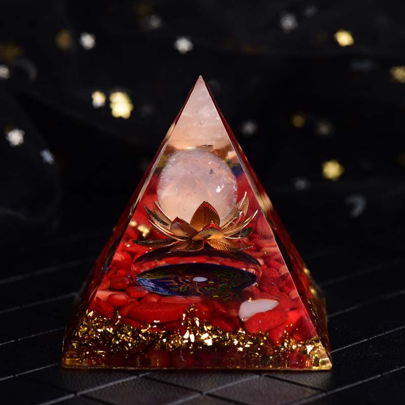 Olivenorma Red Coral Rose Quartz Lotus Symbol Orgone Pyramid