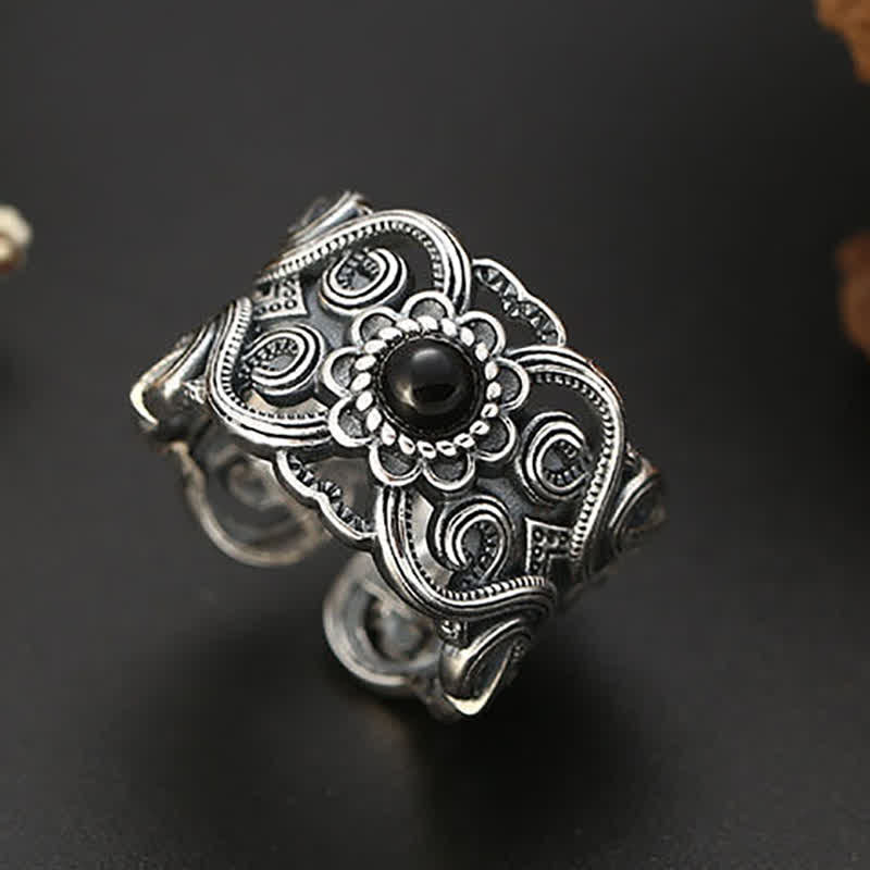 Olivenorma Ethnic Black Onyx Pattern Adjustable Ring