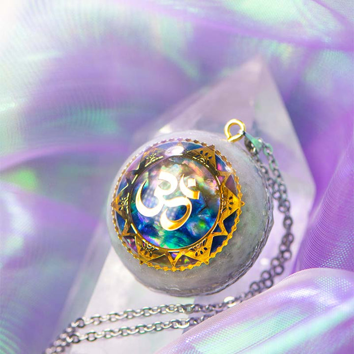 Olivenorma Clear Crystal OM Mandala Healing Orgone Necklace