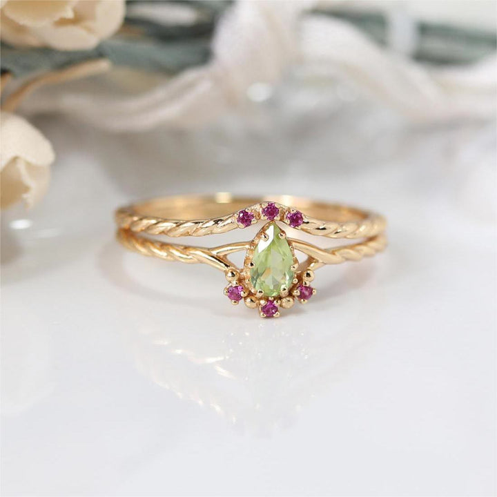 Olivenorma Dainty Peridot Pink Crystal Stacking Adjustable Ring Set