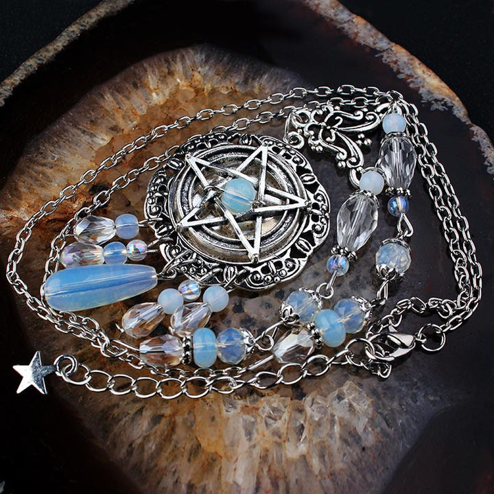 Olivenorma Witch Gothic Pentagram Opalite Star Crystal Beads Necklace