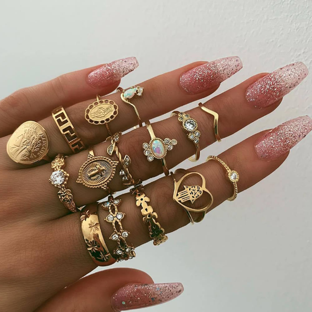 Olivenorma Opal Vintage Cross 15 Piece Alloy Ring Set