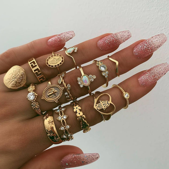 Olivenorma Opal Vintage Cross 15 Piece Alloy Ring Set