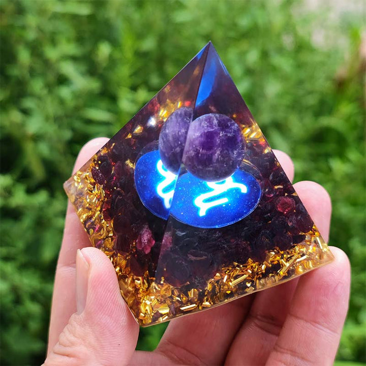 Olivenorma Amethyst with Garnet Capricorn Zodiac Orgone Pyramid