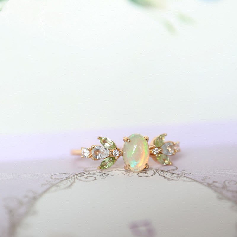 Olivenorma Delicate Opal Leaf Zircon Gold Ring