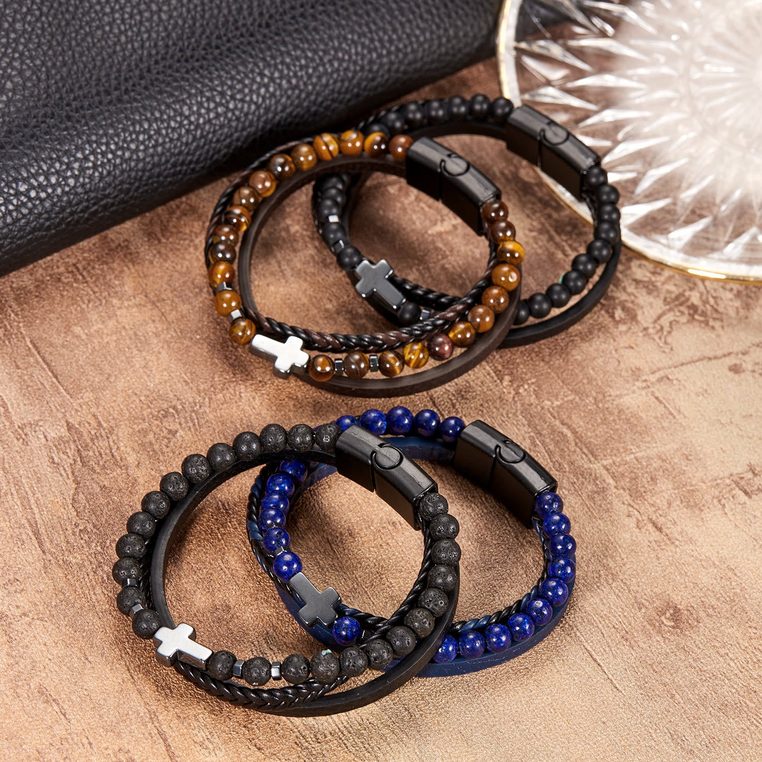 Olivenorma Natural Stone Beads Braided Leather Mens Bracelet - image 0