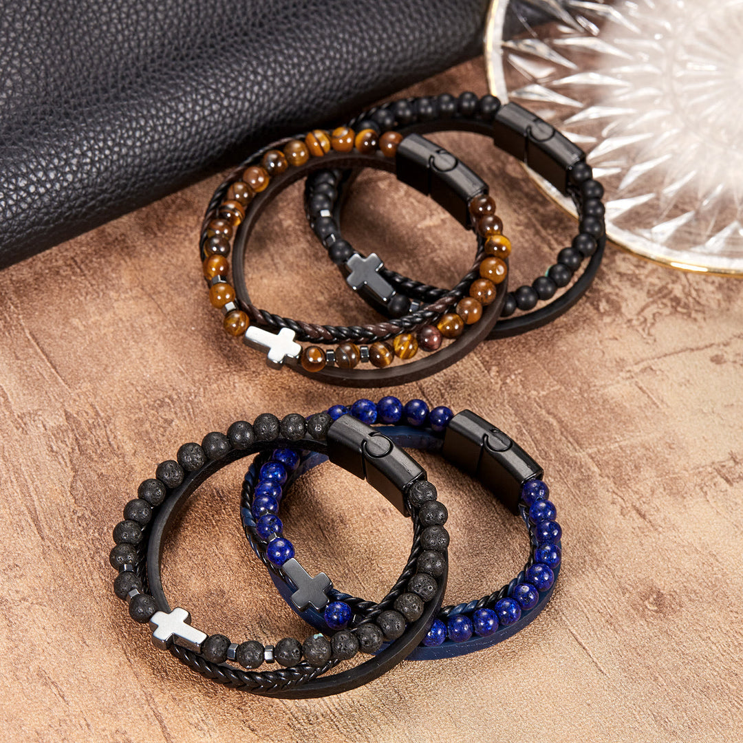 Olivenorma Natural Stone Beads Braided Leather Mens Bracelet - image 0