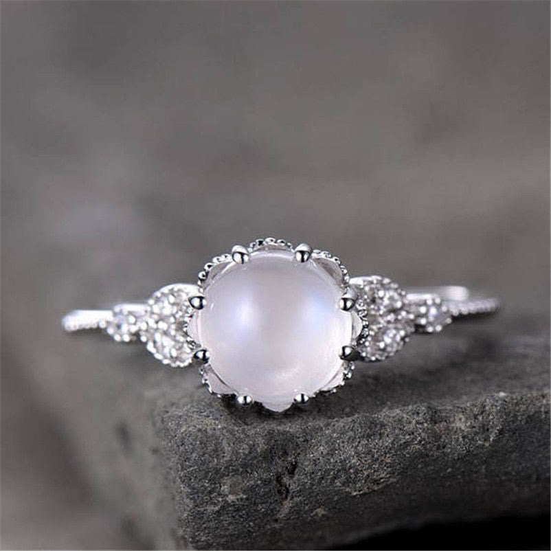 Olivenorma Round Moonstone Opal White Zircon Ring