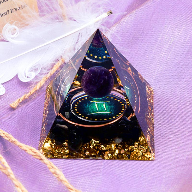 Olivenorma Amethyst Sphere With Obsidian Zodiac Gemini Orgone Pyramid