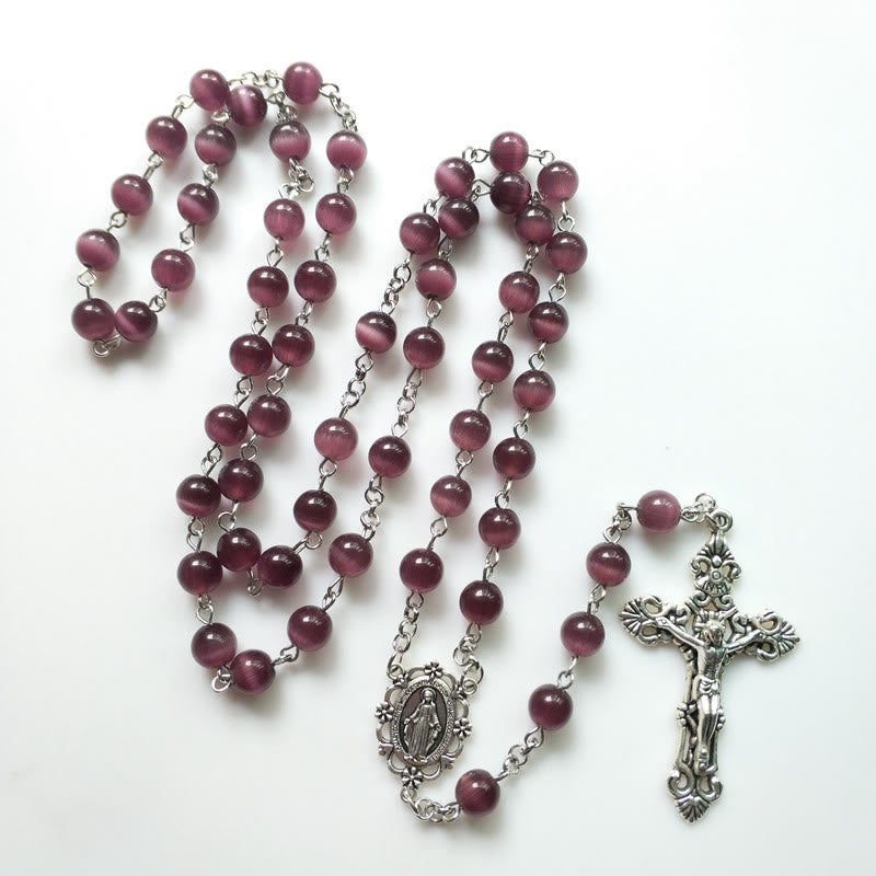 Olivenorma Purple Cat's Eye Stone Silver Cross Rosary Necklace