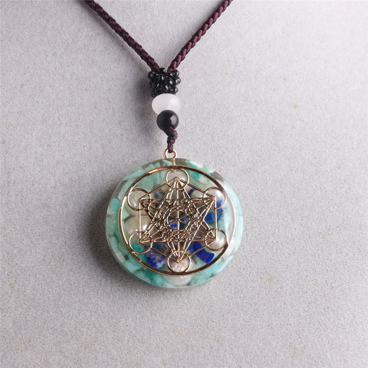 Olivenorma Amazonite Lapis Lazuli Pearl Metatron's Cube Pendant Necklace