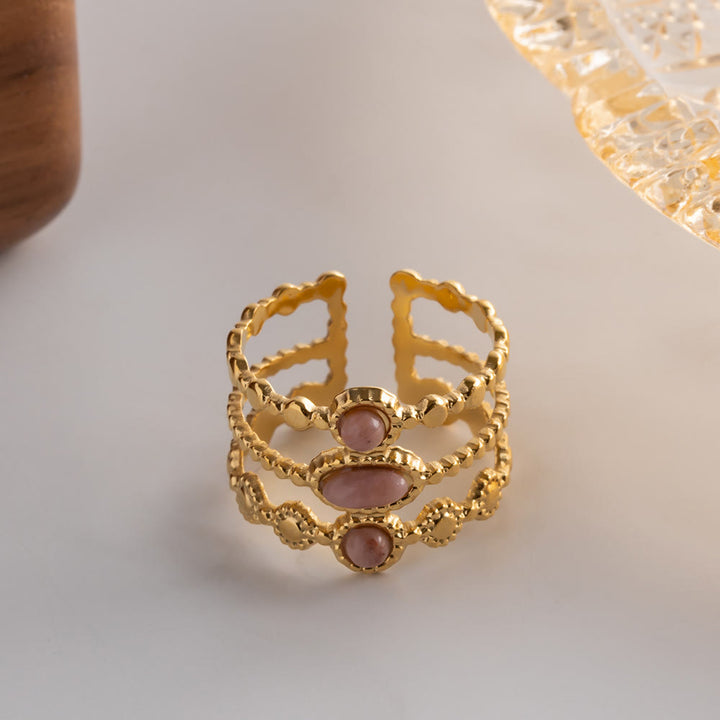 Olivenorma Rhodochrosite French Vintage Three Layer Open Ring