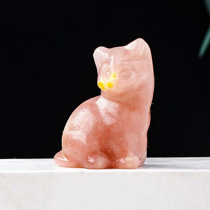 Olivenorma Natural Crystal Lucky Cat Carved Gemstone Decoration - Peach Blossom Stone - image 38