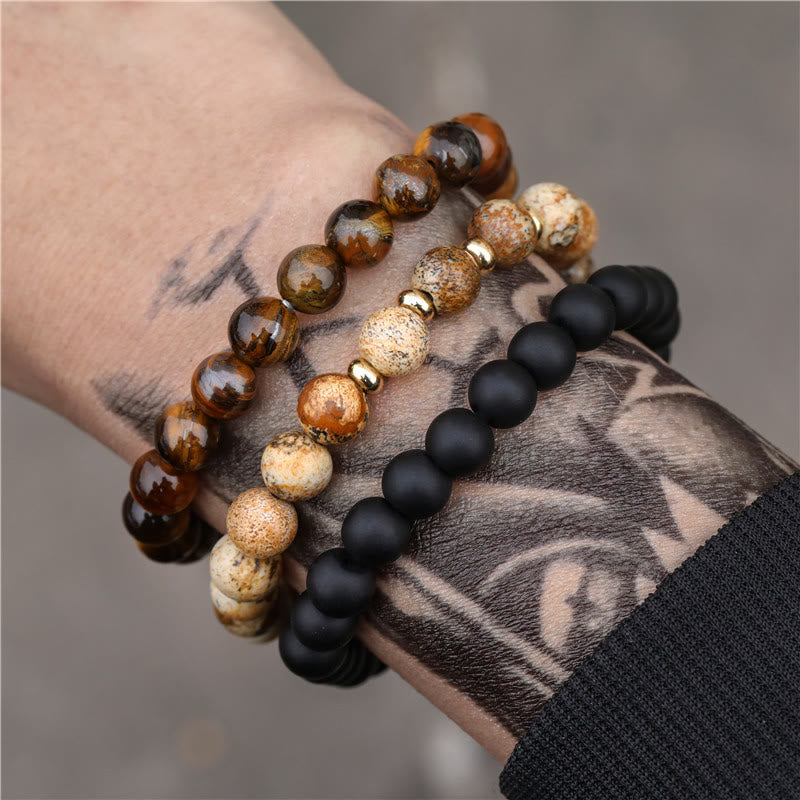 Olivenorma 3Pcs Picture Jasper Tiger Eye Black Onyx Beaded Bracelets