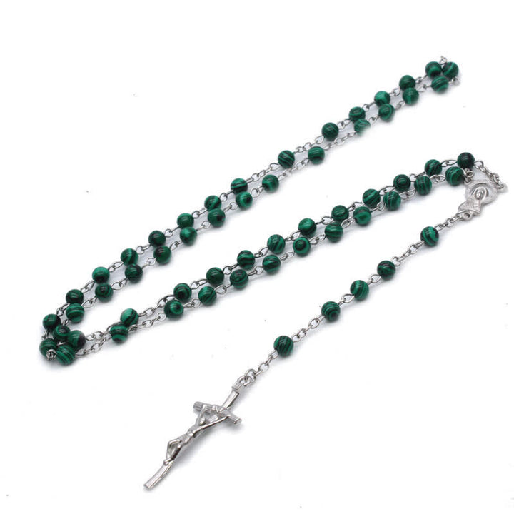 Olivenorma Natural Malachite Cross Rosary Necklace