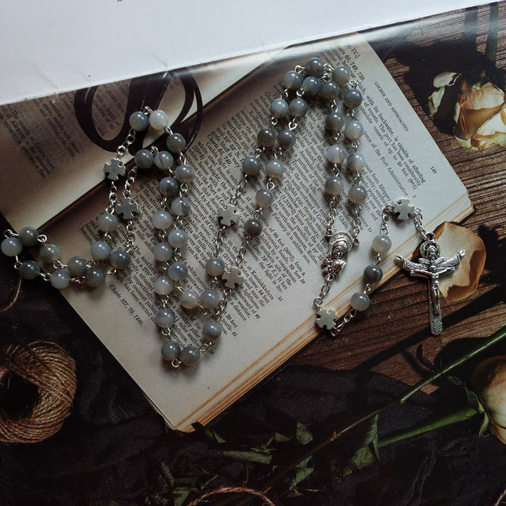 Olivenorma Gray Moonstone Jesus Cross Rosary Necklace - image 2