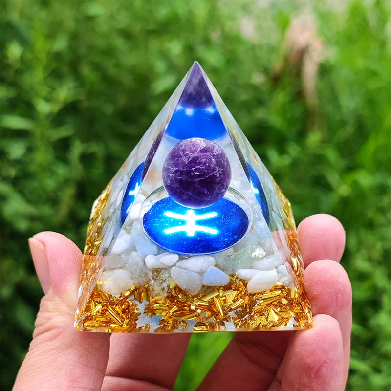 (Clearance 30% OFF / CODE: OFF30) - Olivenorma Amethyst with White Agate Pisces Zodiac Orgone Pyramid