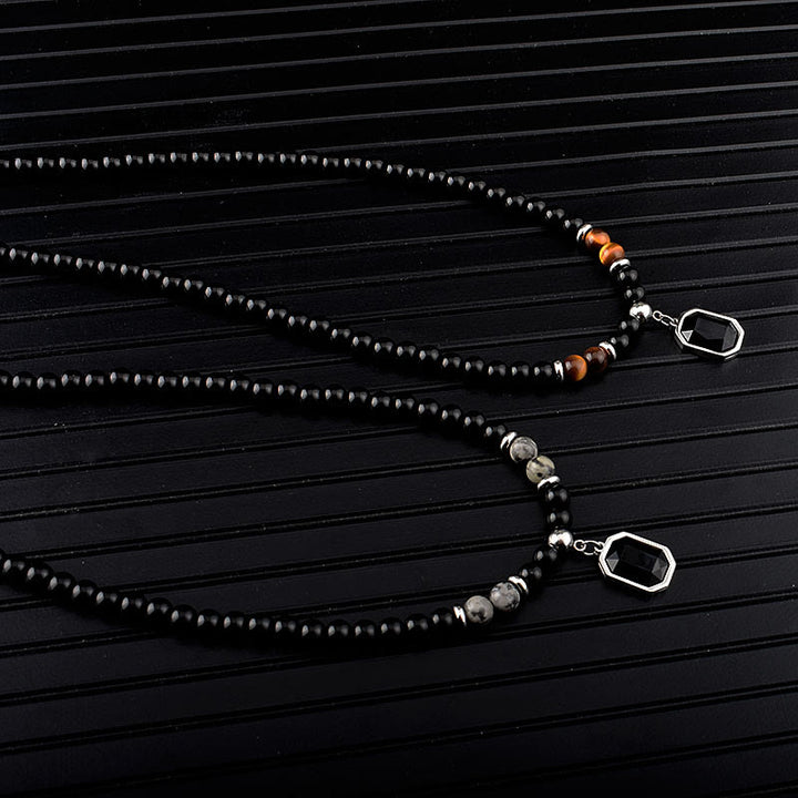 Olivenorma Tiger Eye Obsidian Beaded Men Titanium Steel Necklace