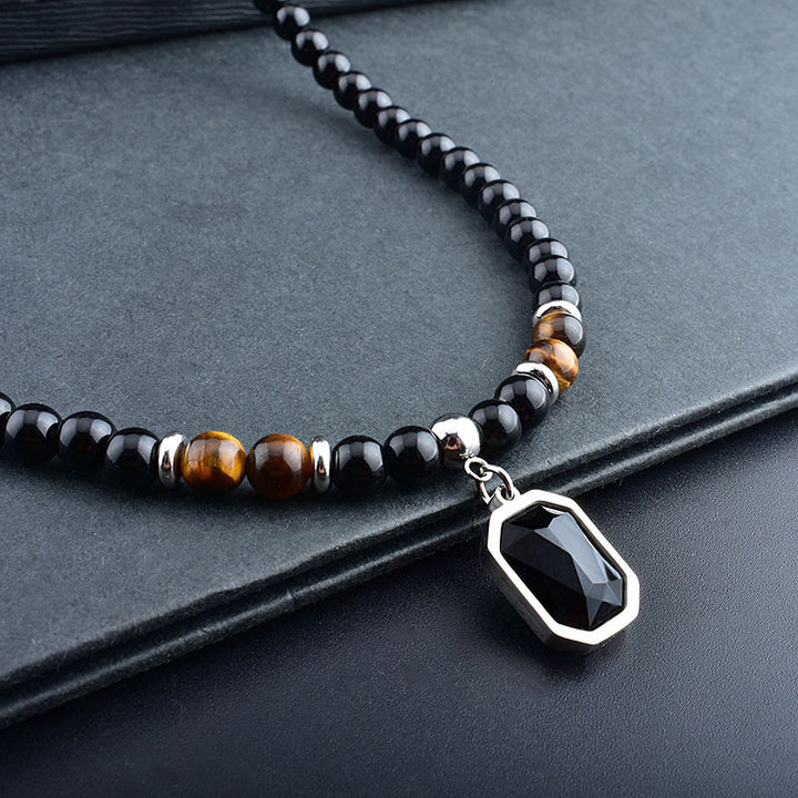 Olivenorma Tiger Eye Obsidian Beaded Men Titanium Steel Necklace