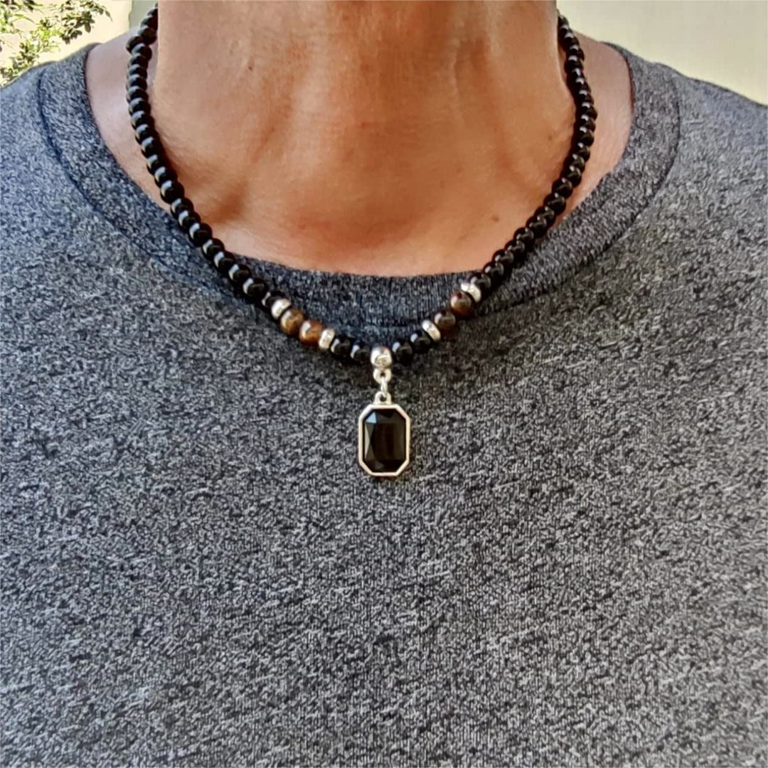 Olivenorma Tiger Eye Obsidian Beaded Men Titanium Steel Necklace