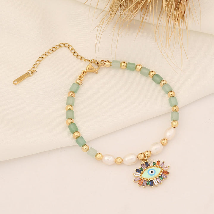 Olivenorma Natural Crystal Pearl Evil Eye Pendant Bracelet