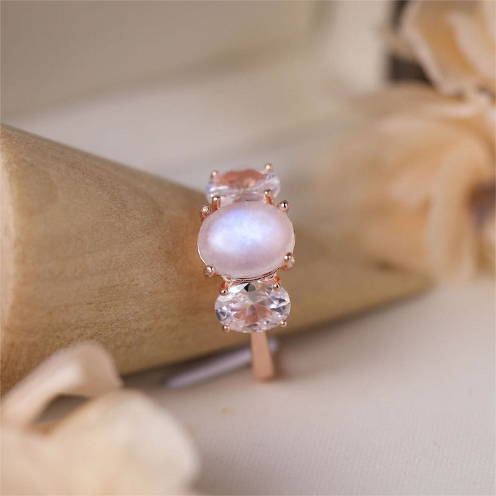 Olivenorma Three Diamonds Moonstone White Zircon Rose Gold Ring