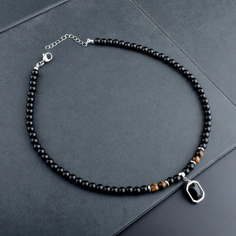 Olivenorma Tiger Eye Obsidian Beaded Men Titanium Steel Necklace