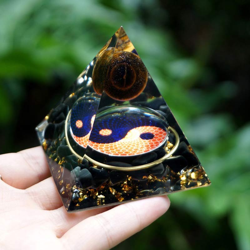 Olivenorma Tiger Eye Sphere With Obsidian Reki Orgone Pyramid