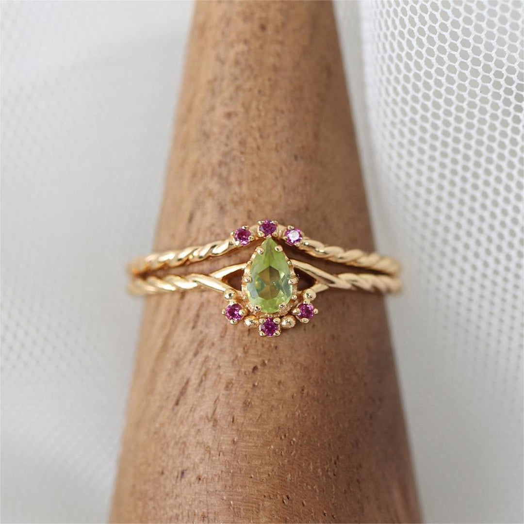 Olivenorma Dainty Peridot Pink Crystal Stacking Adjustable Ring Set