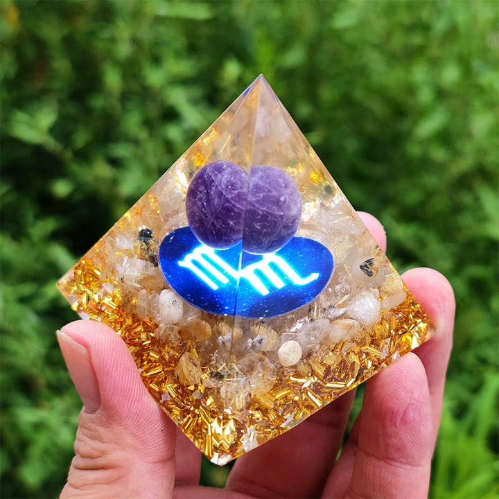 Olivenorma Amethyst with Clear Quartz Scorpio Zodiac Orgone Pyramid