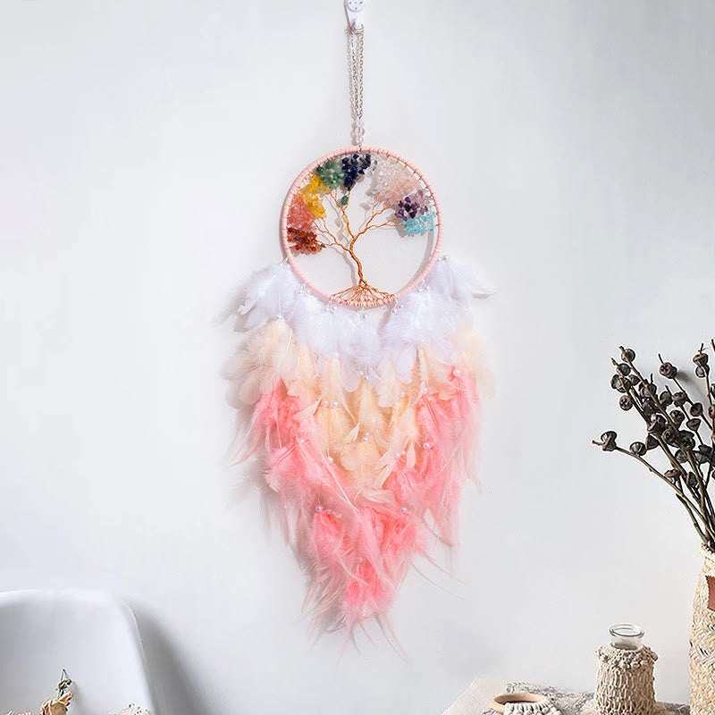 Olivenorma Crystal Tree of Life Pink Feather Dream Catcher