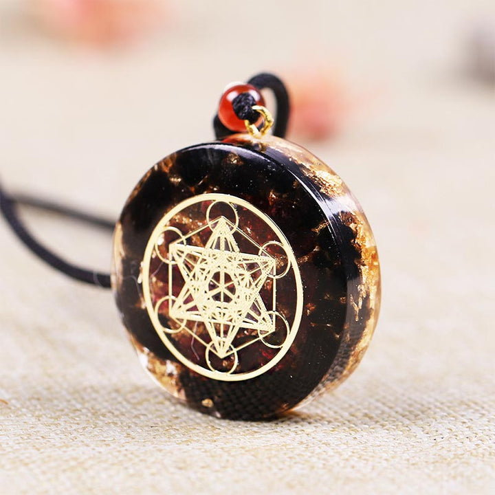 Olivenorma Obsidian And Garnet Metatron's Cube Symbol Necklace - image 2