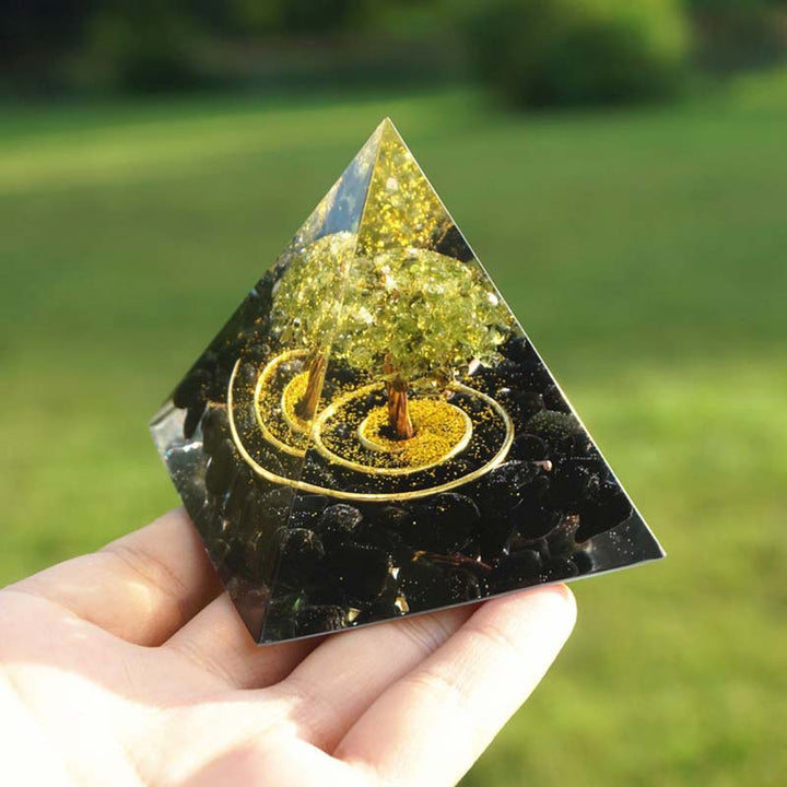 Olivenorma Peridot With Obsidian Tree Of Life Reiki Orgone Pyramid