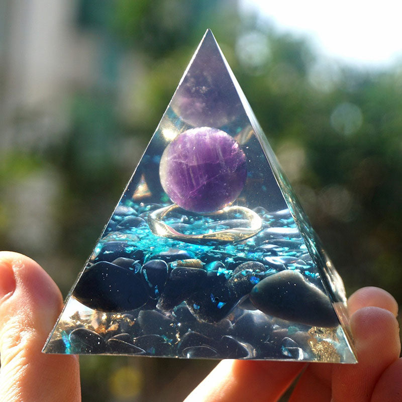 Olivenorma Amethyst Crystal Sphere with Obsidian Orgone Pyramid