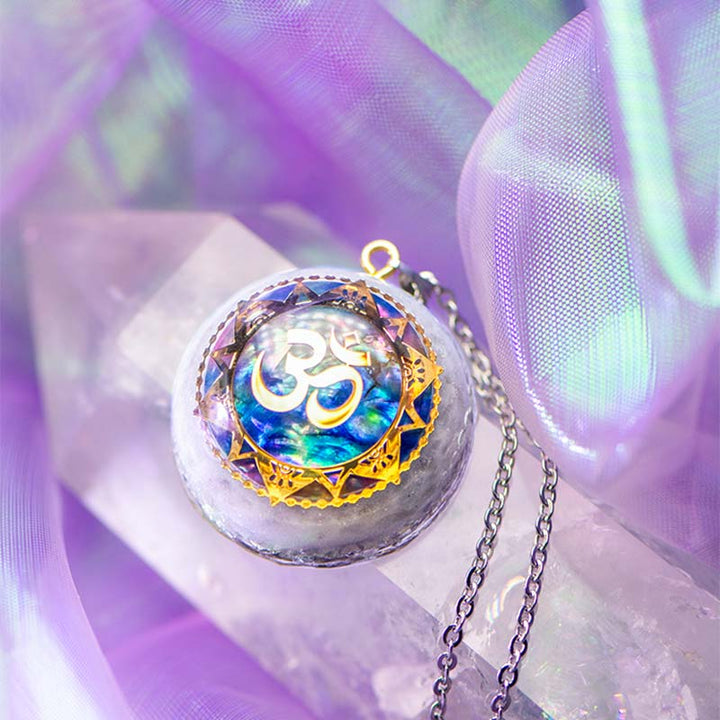 Olivenorma Clear Crystal OM Mandala Healing Orgone Necklace