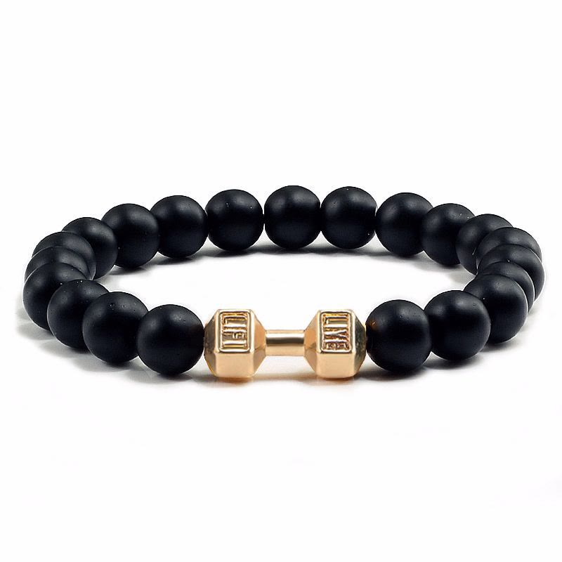 Olivenorma "Live Life" Dumbbells Natural Stone Beads Bracelet - Black Onyx - Golden Barbell - 21cm - image 8
