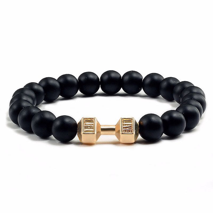 Olivenorma "Live Life" Dumbbells Natural Stone Beads Bracelet - Black Onyx - Golden Barbell - 21cm - image 8