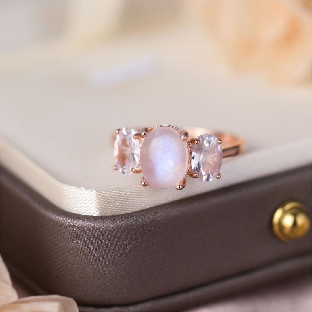 Olivenorma Three Diamonds Moonstone White Zircon Rose Gold Ring