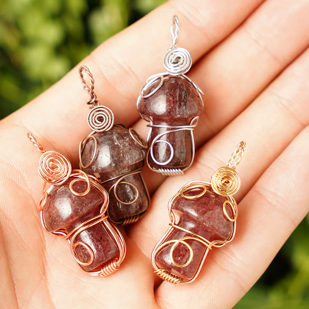 Olivenorma Natural Healing Stone Mushroom Necklace - Strawberry Quartz - Rose Gold Thread - image 12