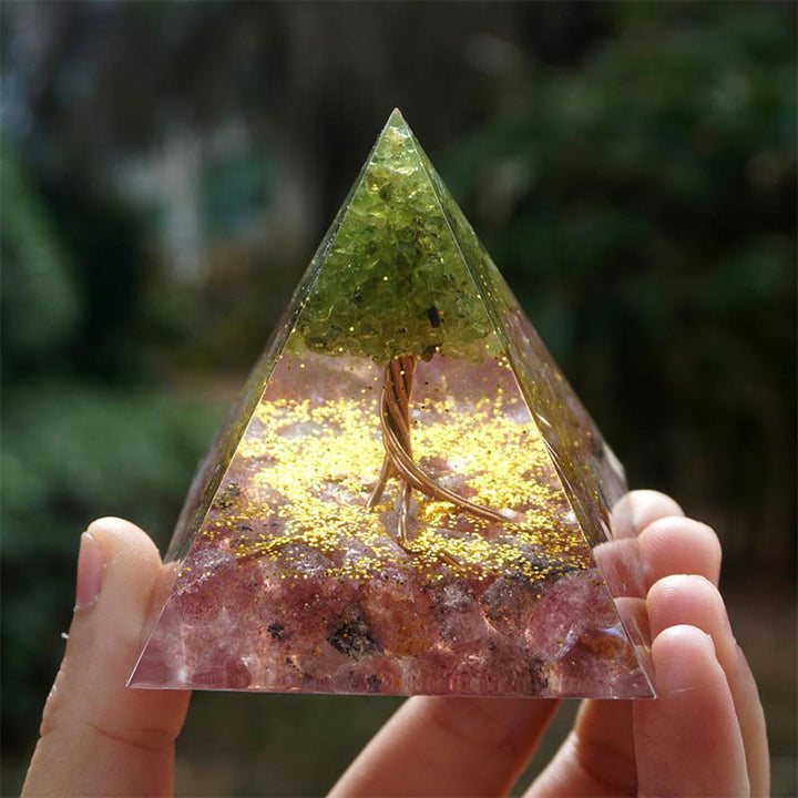 Olivenorma Tree of Life Peridot and Strawberry Quartz Orgone Pyramid