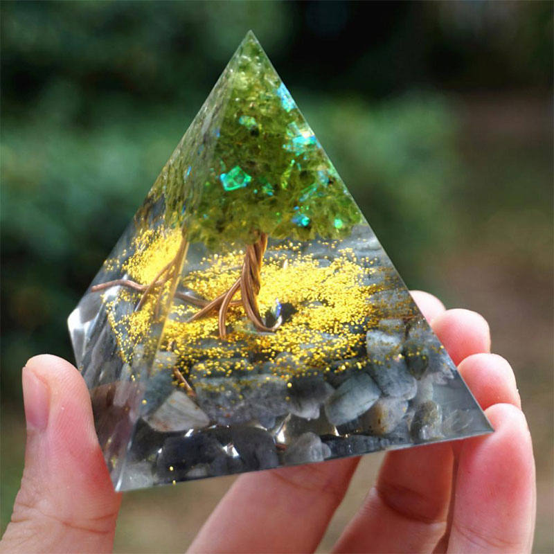 Olivenorma Tree of Life Peridot With Grey Moon Stone Orgone Pyramid