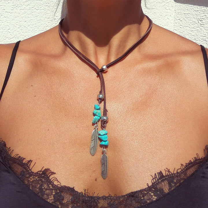 Olivenorma Turquoise Leather Cord Alloy Feather Pendant Necklace