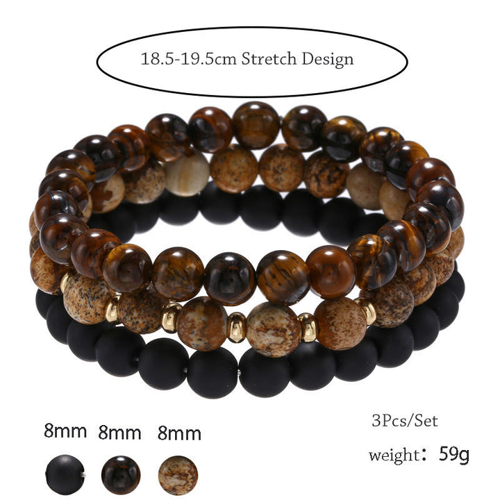 Olivenorma 3Pcs Picture Jasper Tiger Eye Black Onyx Beaded Bracelets