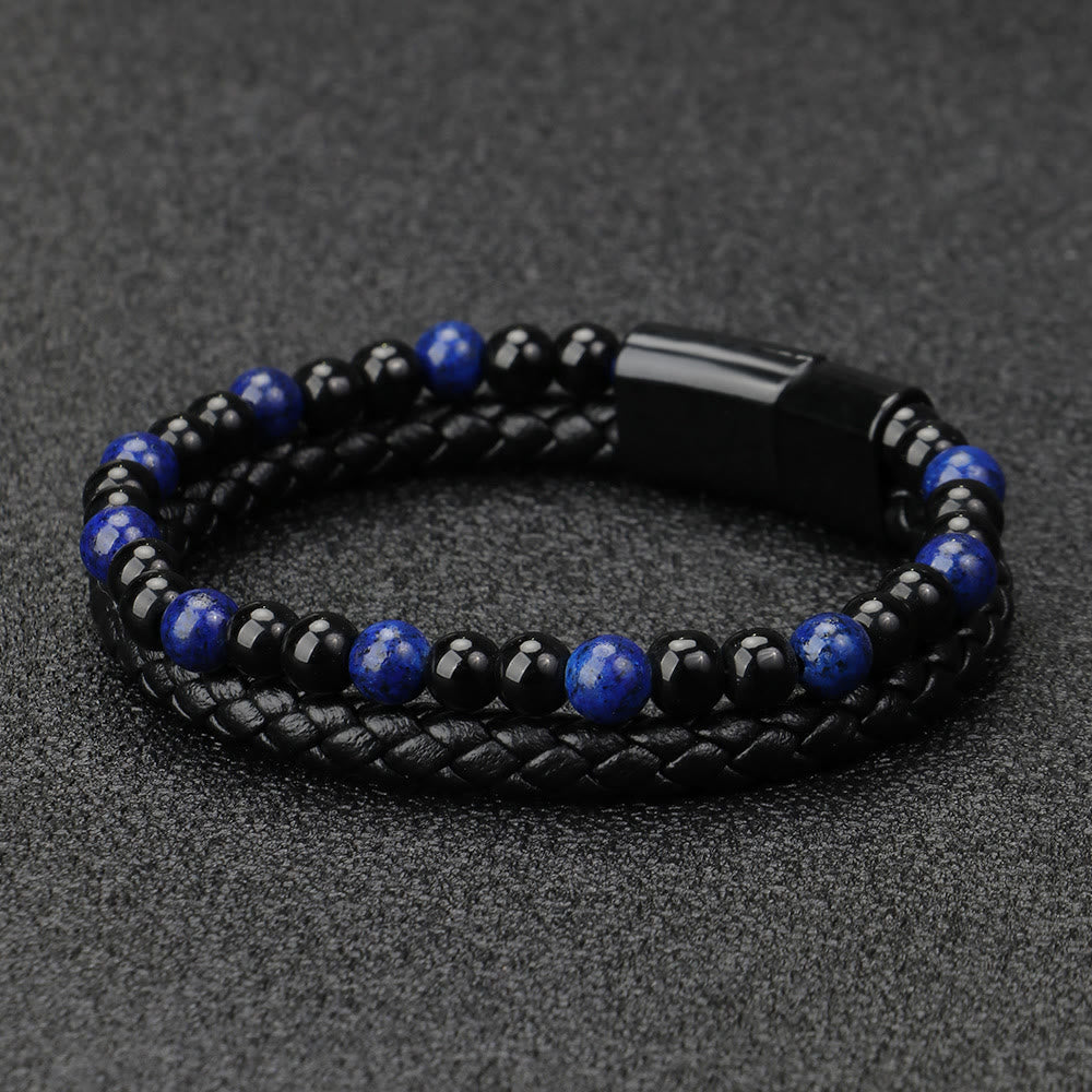 Olivenorma Mens Beaded Leather Two Layer Bracelet