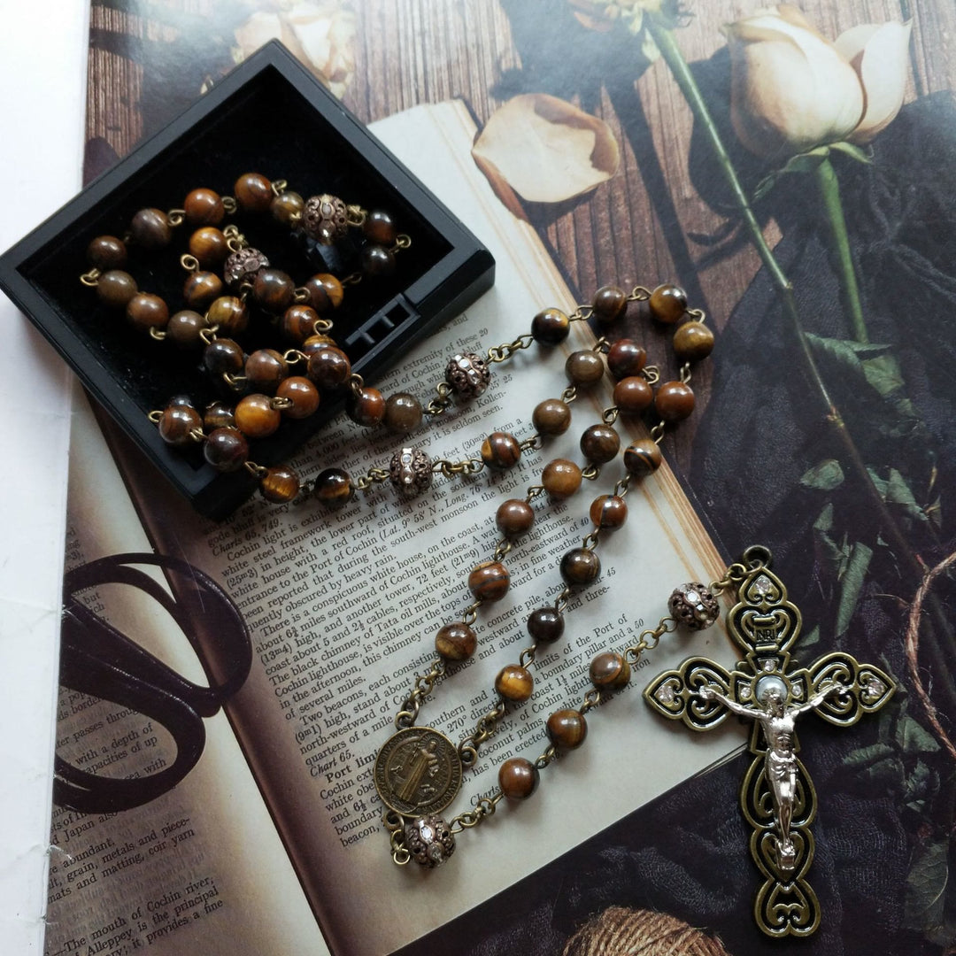 Olivenorma Grade A Tiger Eye Cross Pendant Rosary Necklace