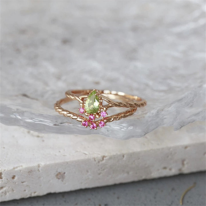 Olivenorma Dainty Peridot Pink Crystal Stacking Adjustable Ring Set