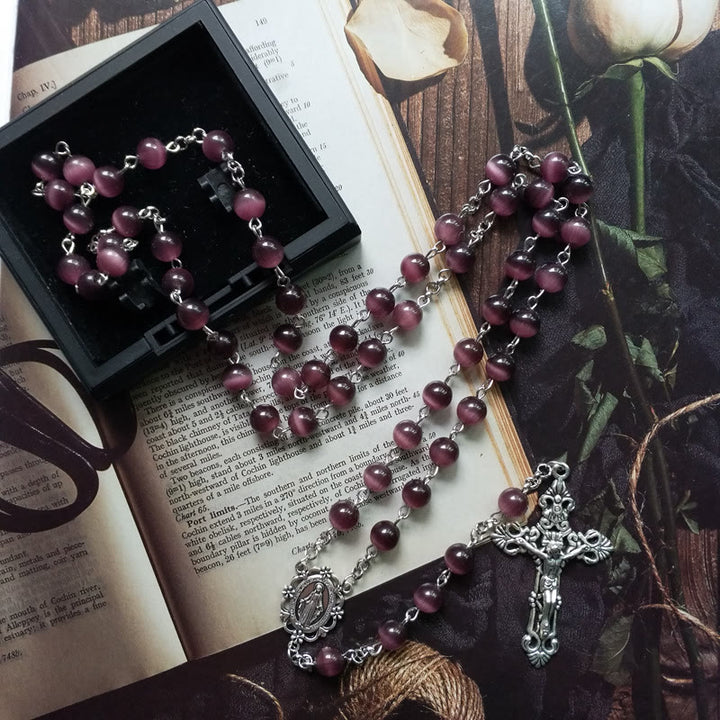 Olivenorma Purple Cat's Eye Stone Silver Cross Rosary Necklace