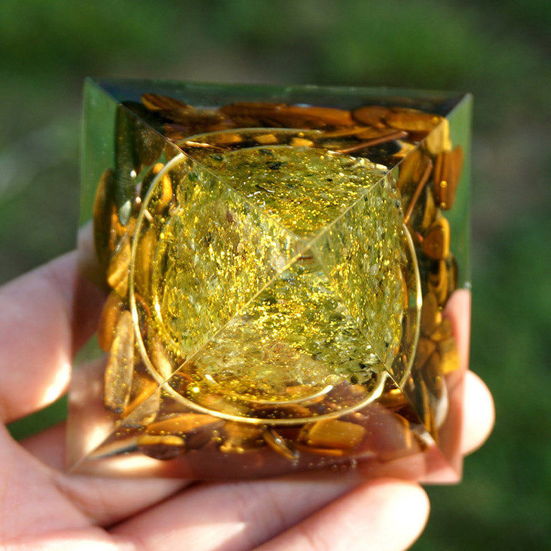 Olivenorma Peridot With Tiger Eye Tree Of Life Orgone Pyramid