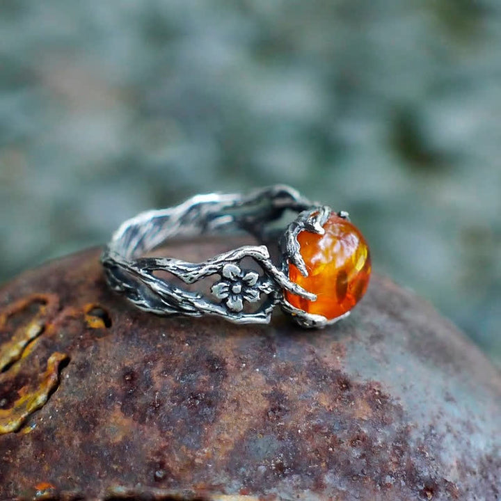 Antique Silver Amber Flower Ring