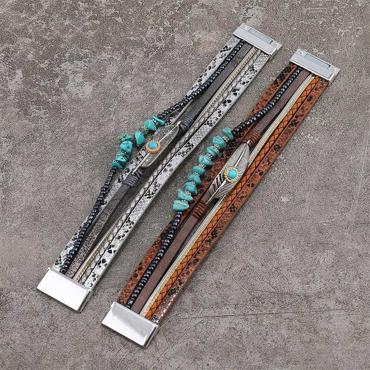 Olivenorma Brown Vintage Turquoise Multi-layer Leather Bracelet